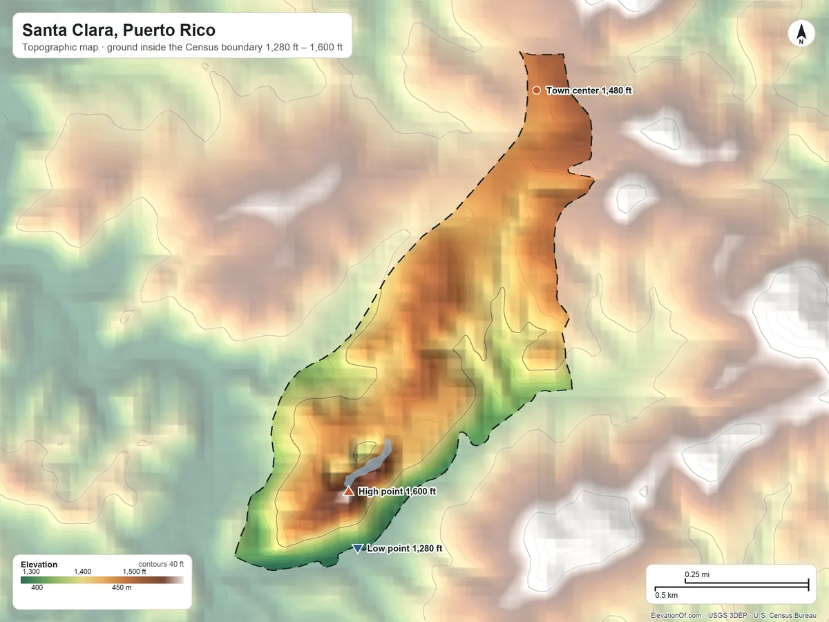 Topographic elevation map of Santa Clara, Puerto Rico, shaded from 1,280 ft on the south side to 1,600 ft on the southwest side