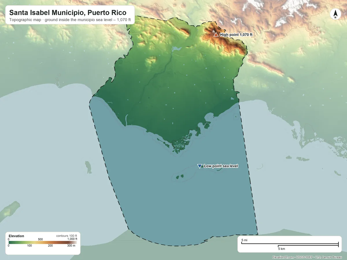 Topographic elevation map of Santa Isabel Municipio, Puerto Rico, shaded from sea level on the Mar Caribe to 1,070 ft on Cerro de las Cuevas