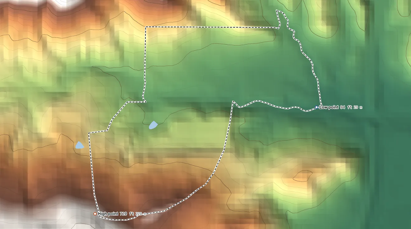 Topographic elevation map of Santa María, Puerto Rico, shaded from 94 ft on the southeast side to 720 ft on the southwest side