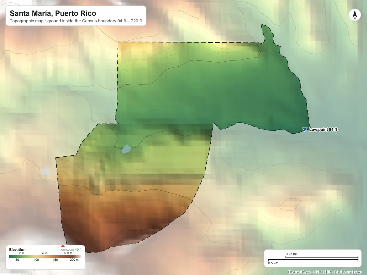 Topographic elevation map of Santa María, Puerto Rico, shaded from 94 ft on the southeast side to 720 ft on the southwest side