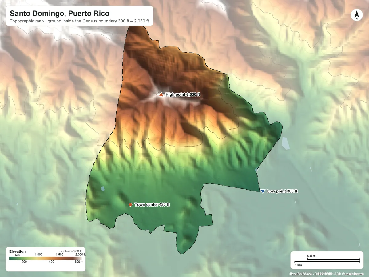 Topographic elevation map of Santo Domingo, Puerto Rico, shaded from 300 ft on the east side to 2,030 ft at the foot of the Montes de Barina