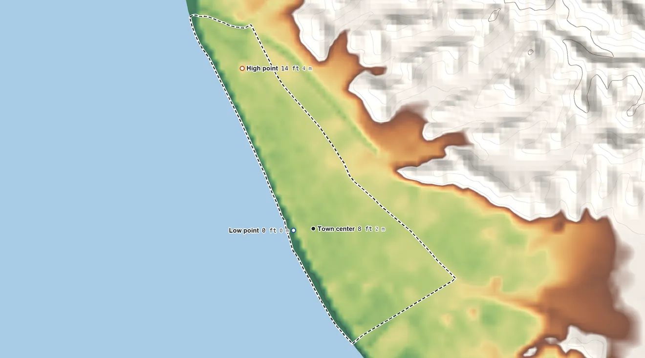 Topographic elevation map of Stella, Puerto Rico, shaded from sea level level on the Mar Caribe to 14 ft at the foot of the Cerros de San Francisco