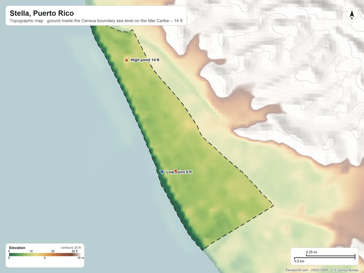 Topographic elevation map of Stella, Puerto Rico, shaded from sea level level on the Mar Caribe to 14 ft at the foot of the Cerros de San Francisco