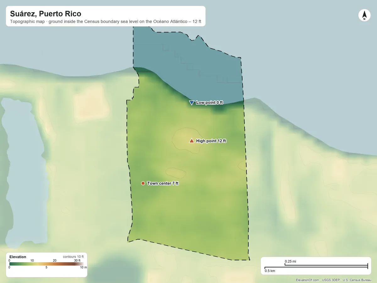 Topographic elevation map of Suárez, Puerto Rico, shaded from sea level level on the Océano Atlántico to 12 ft on the northeast side