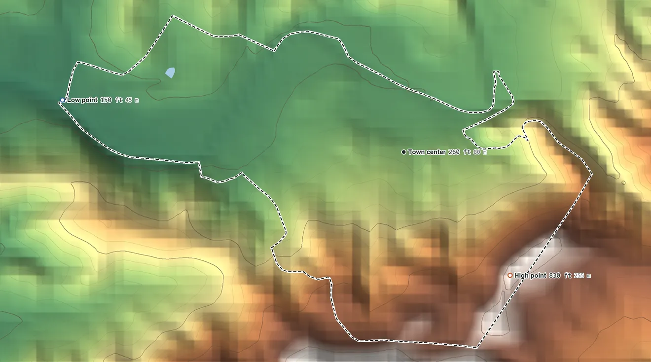 Topographic elevation map of Tallaboa Alta, Puerto Rico, shaded from 150 ft on the west side to 830 ft at the foot of the Montes de Barina