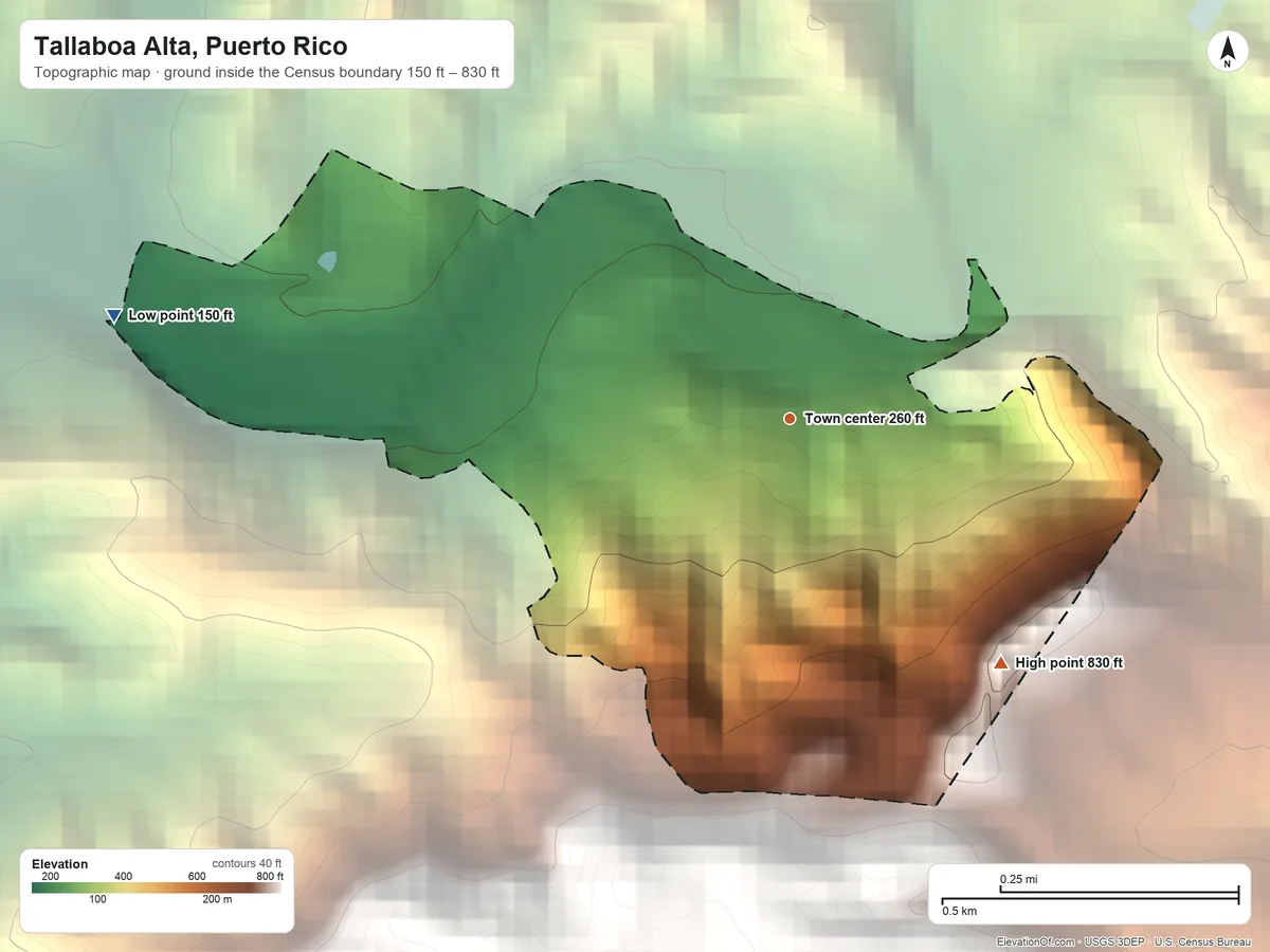 Topographic elevation map of Tallaboa Alta, Puerto Rico, shaded from 150 ft on the west side to 830 ft at the foot of the Montes de Barina