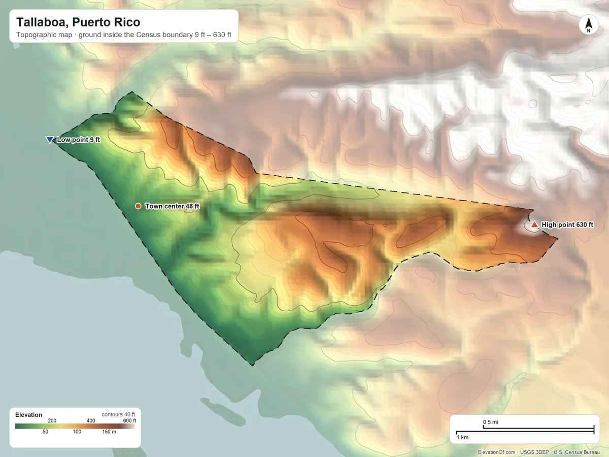 Topographic elevation map of Tallaboa, Puerto Rico, shaded from 9 ft on the northwest side to 630 ft on the east side