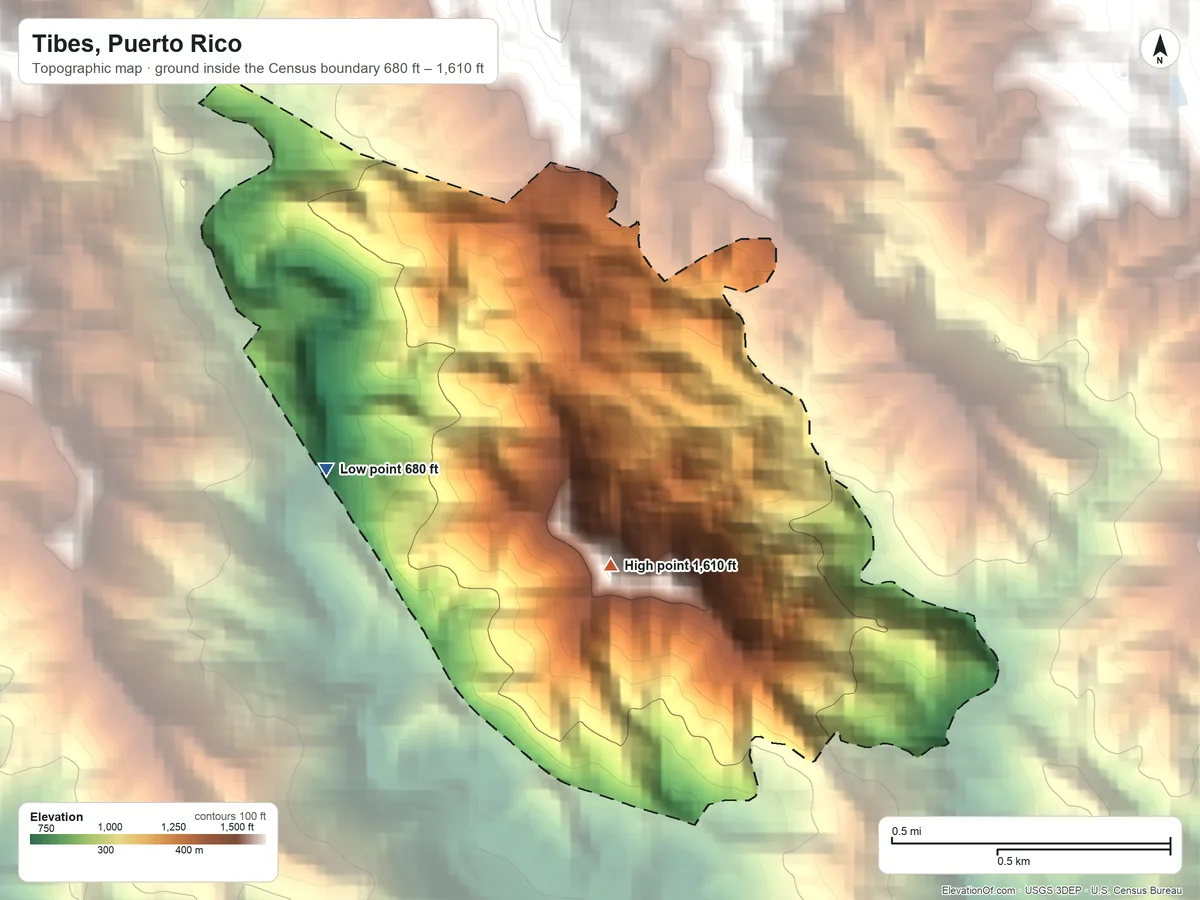 Topographic elevation map of Tibes, Puerto Rico, shaded from 680 ft on the west side to 1,610 ft at the foot of the Montes de Barina