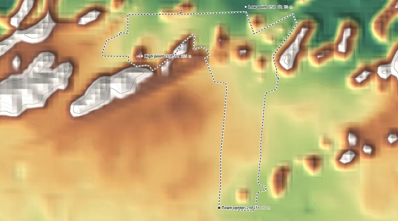 Topographic elevation map of Tiburones, Puerto Rico, shaded from 250 ft on the north side to 370 ft on the northwest side