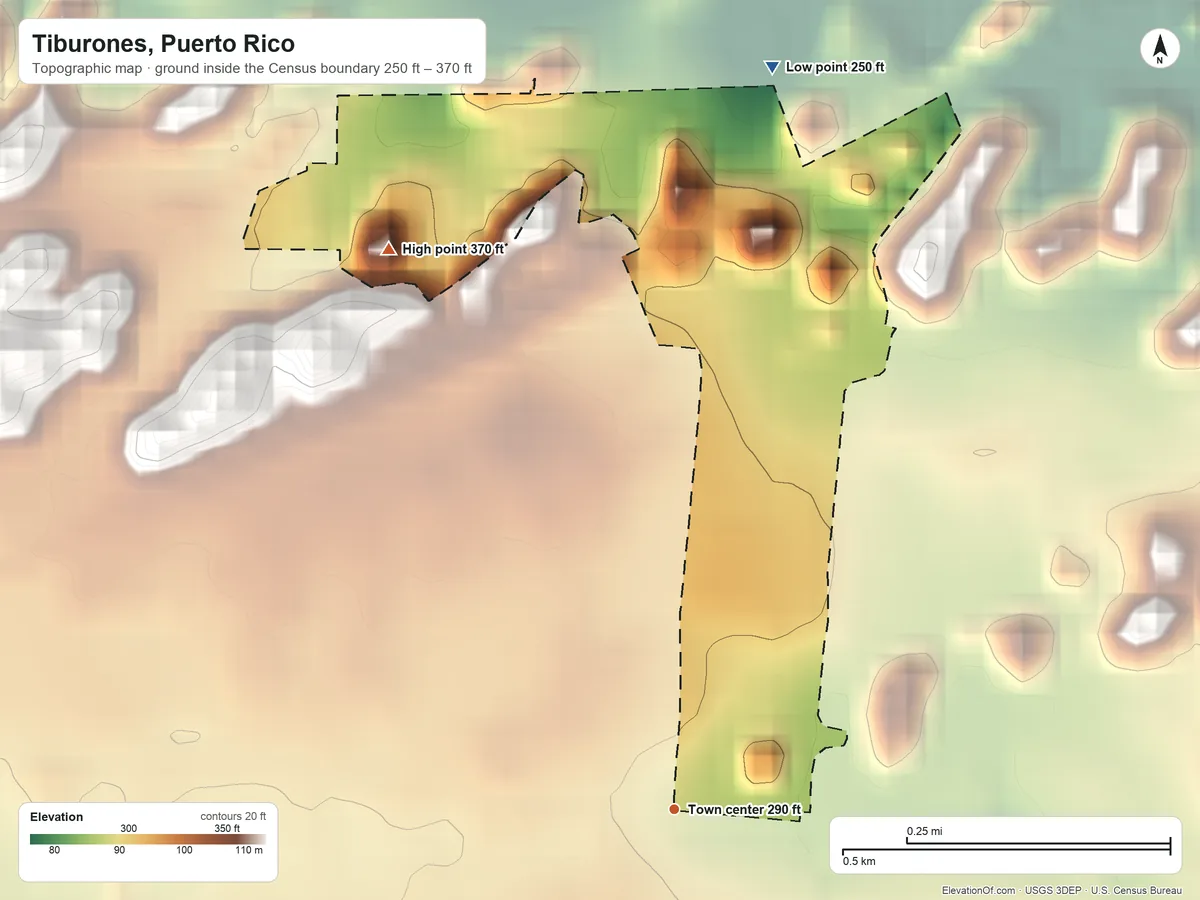 Topographic elevation map of Tiburones, Puerto Rico, shaded from 250 ft on the north side to 370 ft on the northwest side