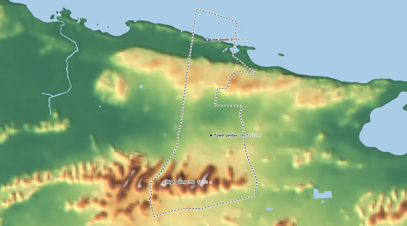 Topographic elevation map of Tierras Nuevas Poniente, Puerto Rico, shaded from sea level level on the Océano Atlántico to 300 ft on the southwest side