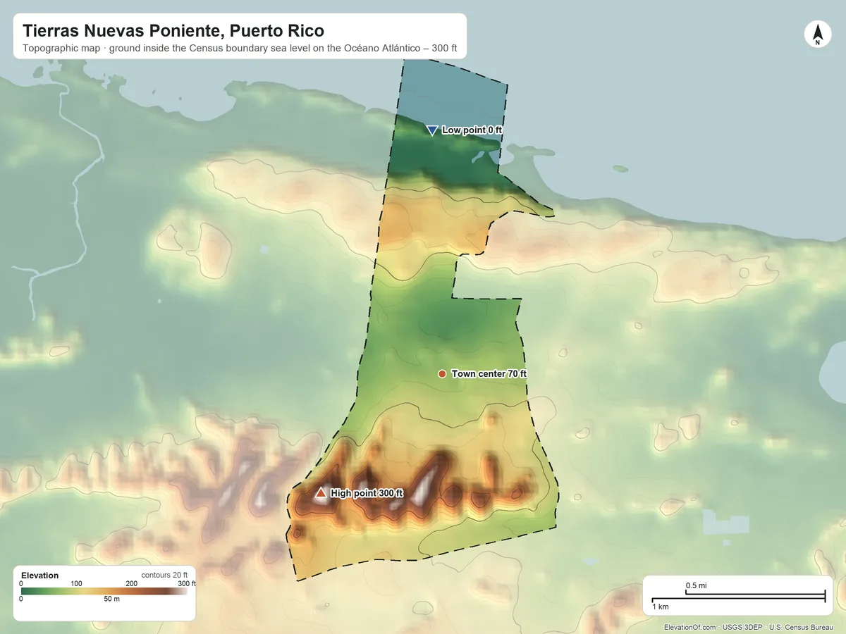 Topographic elevation map of Tierras Nuevas Poniente, Puerto Rico, shaded from sea level level on the Océano Atlántico to 300 ft on the southwest side