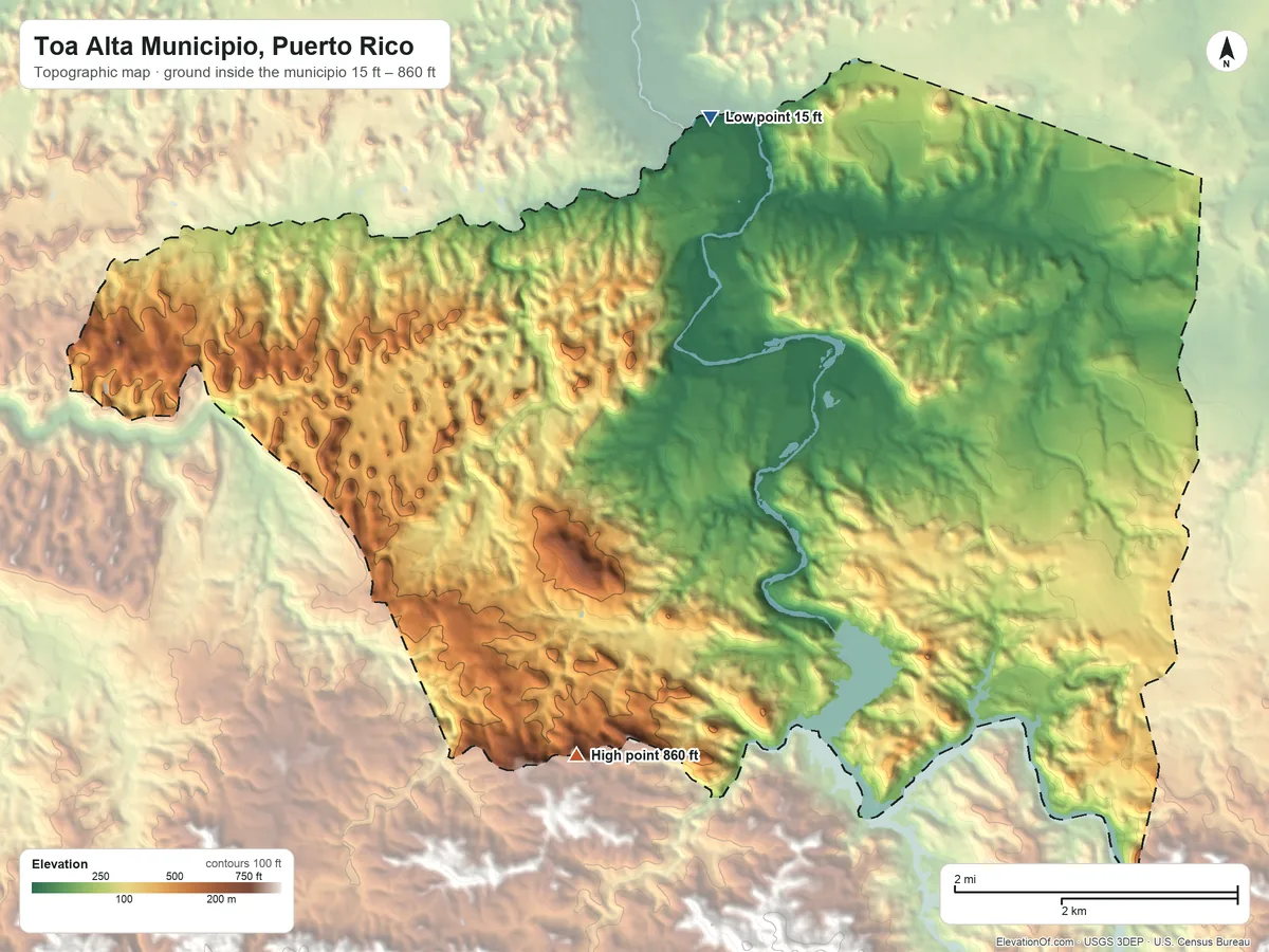 Topographic elevation map of Toa Alta Municipio, Puerto Rico, shaded from 15 ft on the north side to 860 ft on the south side