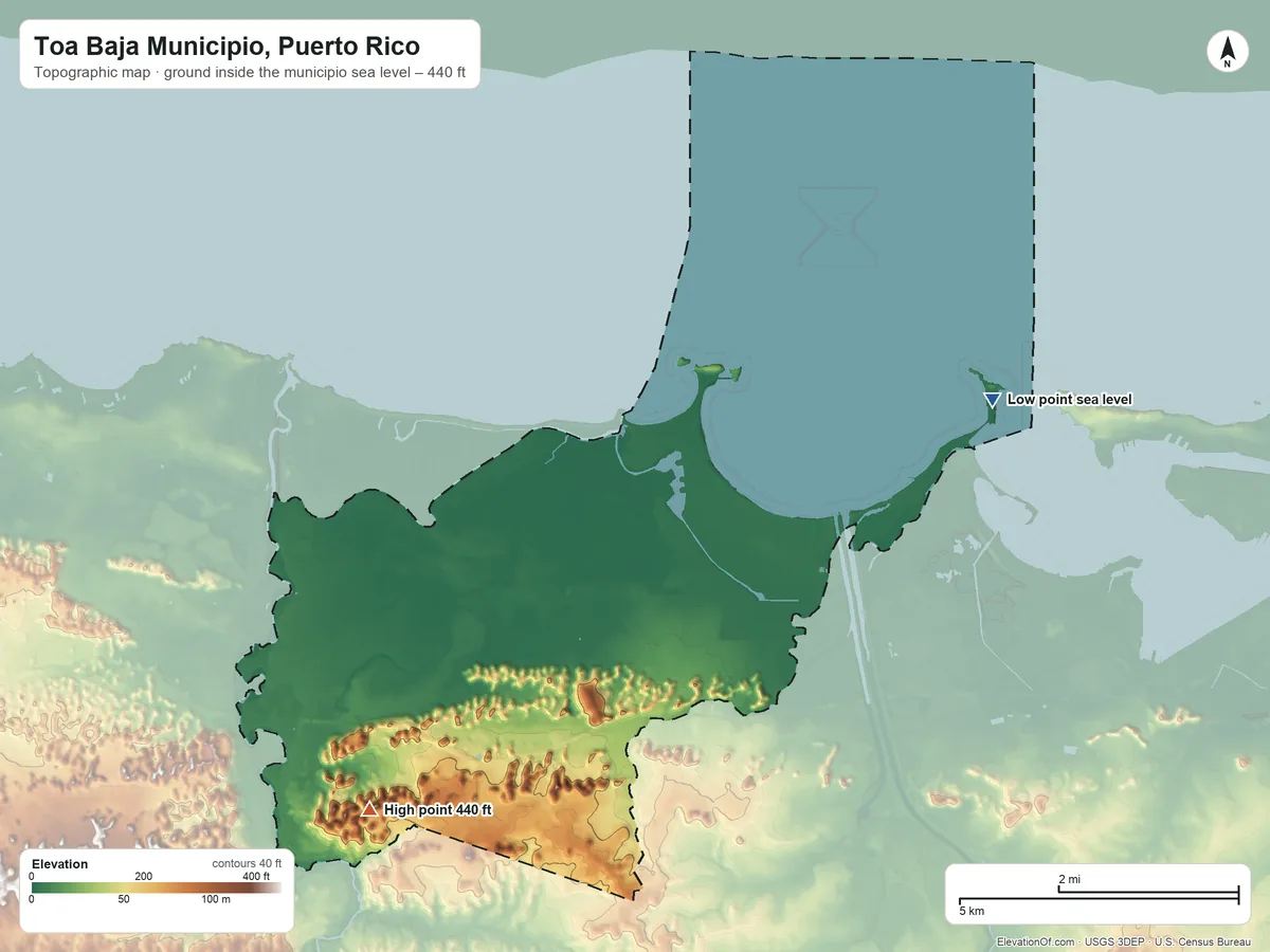 Topographic elevation map of Toa Baja Municipio, Puerto Rico, shaded from sea level on the Bahía de San Juan to 440 ft on the southwest side