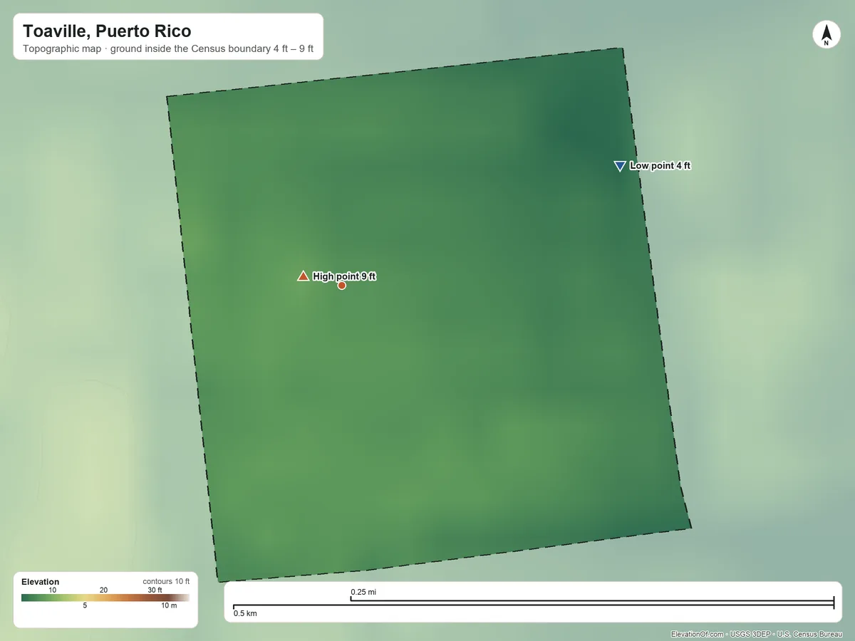 Topographic elevation map of Toaville, Puerto Rico, shaded from 4 ft on the northeast side to 9 ft near the middle