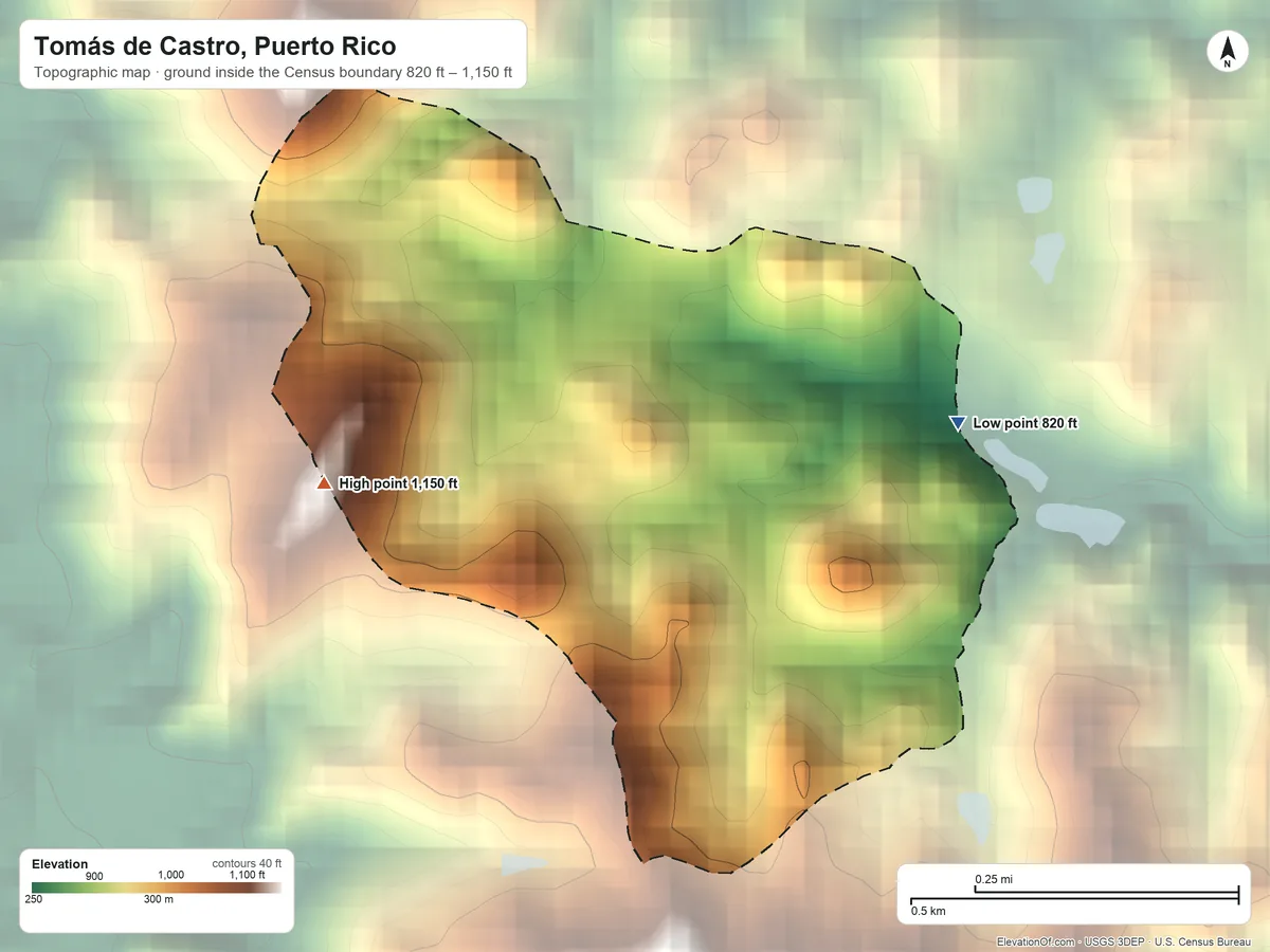 Topographic elevation map of Tomás de Castro, Puerto Rico, shaded from 820 ft on the east side to 1,150 ft at the foot of the Altos de San Luis