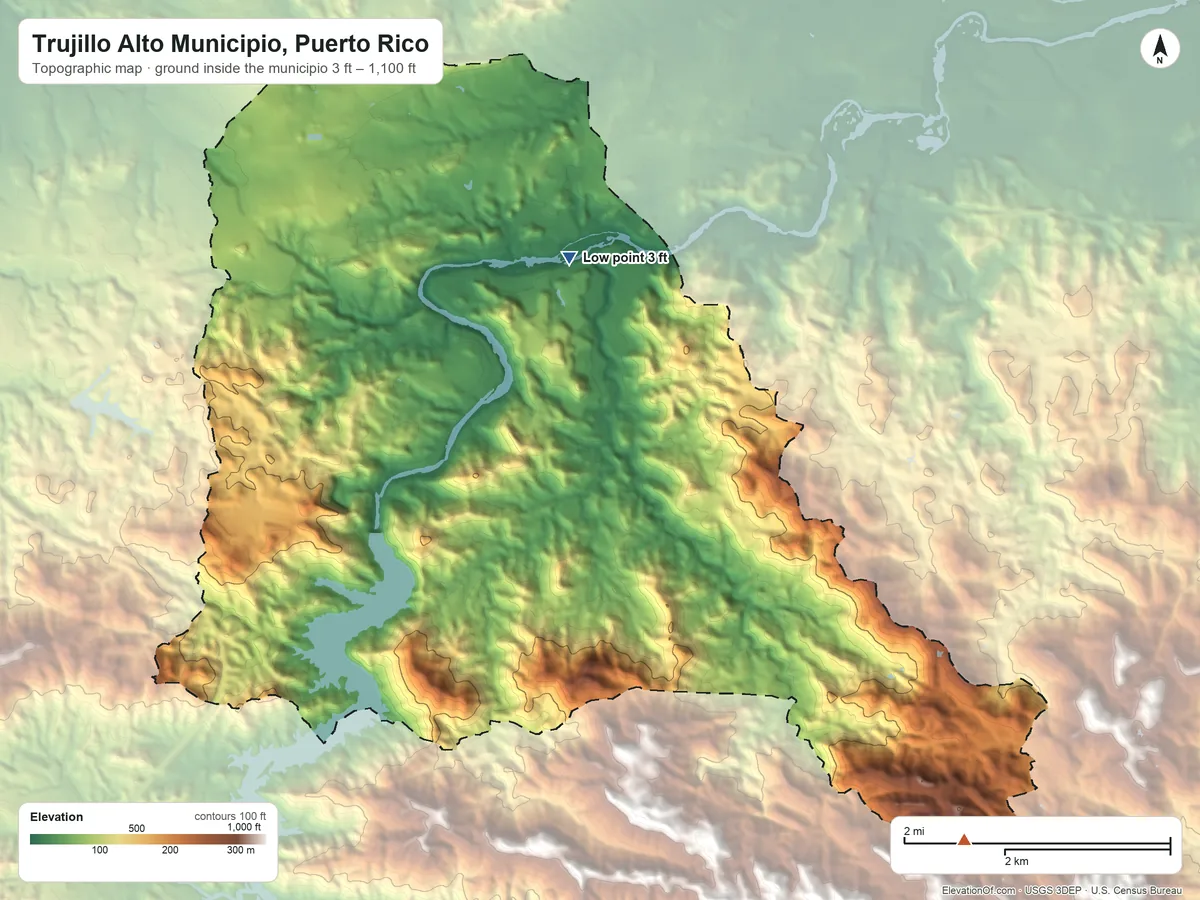 Topographic elevation map of Trujillo Alto Municipio, Puerto Rico, shaded from 3 ft on the north side to 1,100 ft on the southeast side