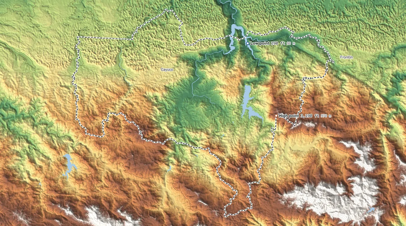 Topographic elevation map of Utuado Municipio, Puerto Rico, shaded from 290 ft on the northeast side to 3,190 ft on the east side