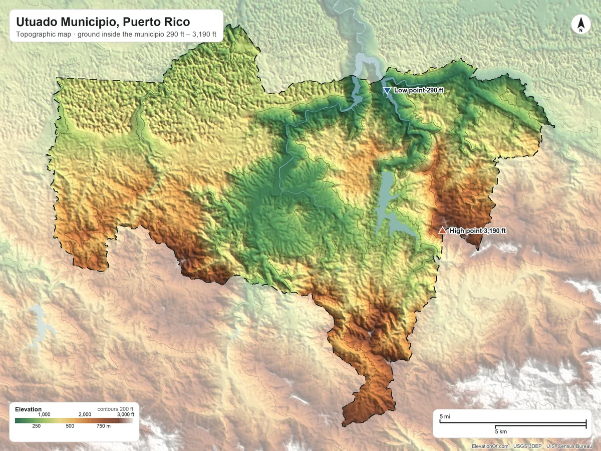 Topographic elevation map of Utuado Municipio, Puerto Rico, shaded from 290 ft on the northeast side to 3,190 ft on the east side