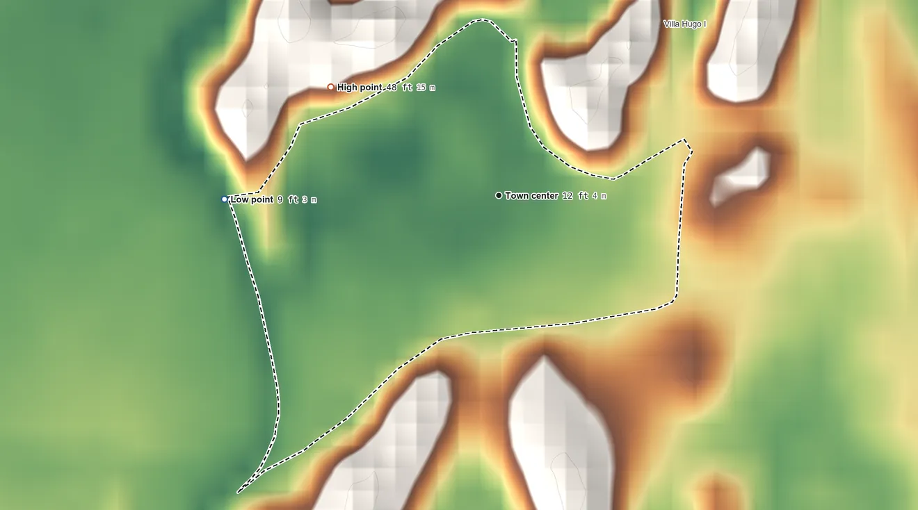 Topographic elevation map of Valle Hill, Puerto Rico, shaded from 9 ft on the west side to 48 ft on the northwest side