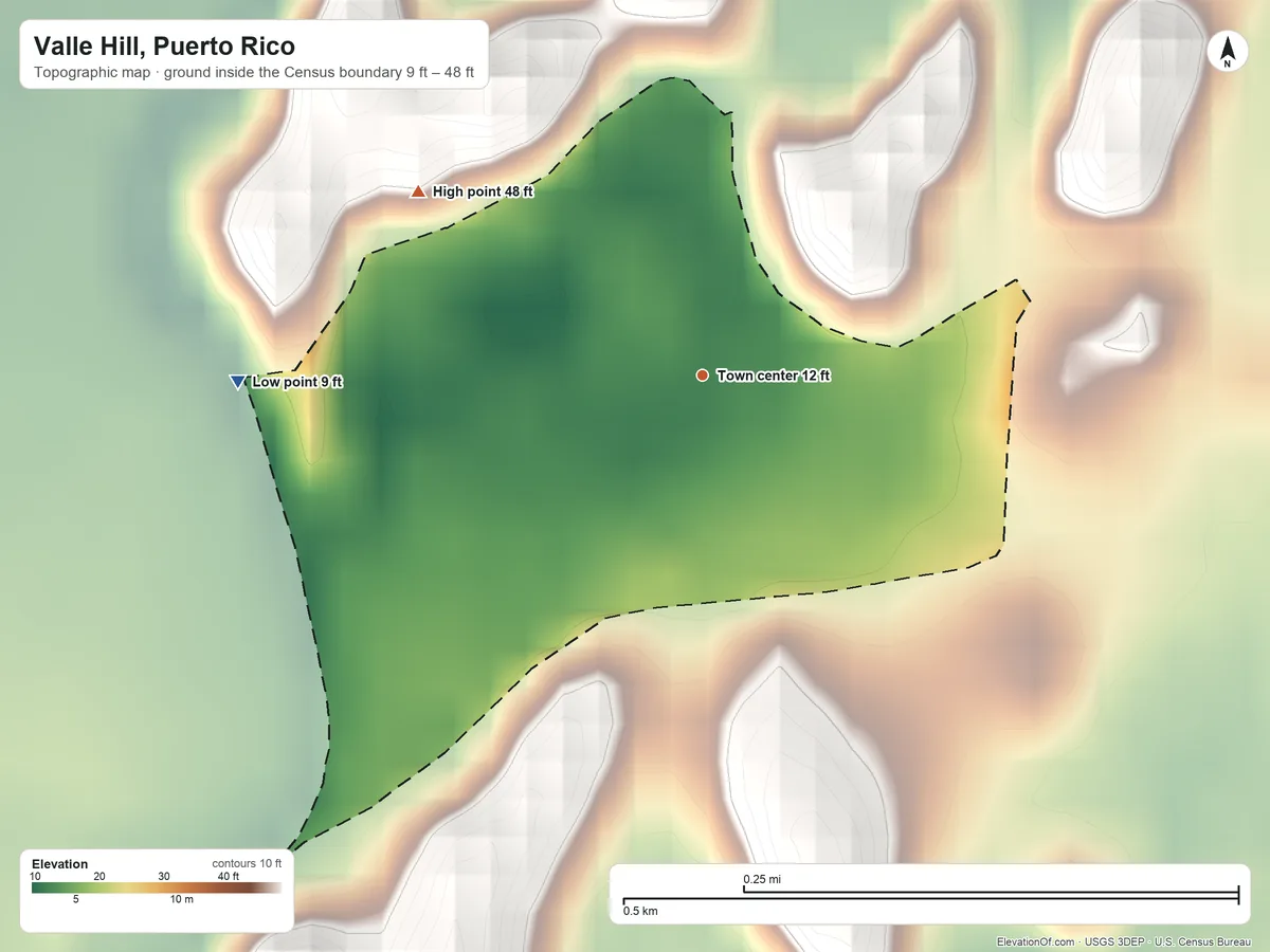 Topographic elevation map of Valle Hill, Puerto Rico, shaded from 9 ft on the west side to 48 ft on the northwest side