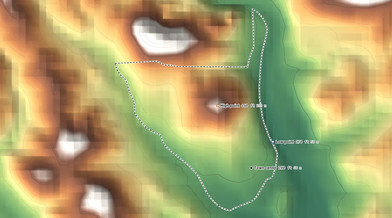 Topographic elevation map of Vayas, Puerto Rico, shaded from 170 ft on the northeast side to 440 ft at the foot of the Cordillera Central