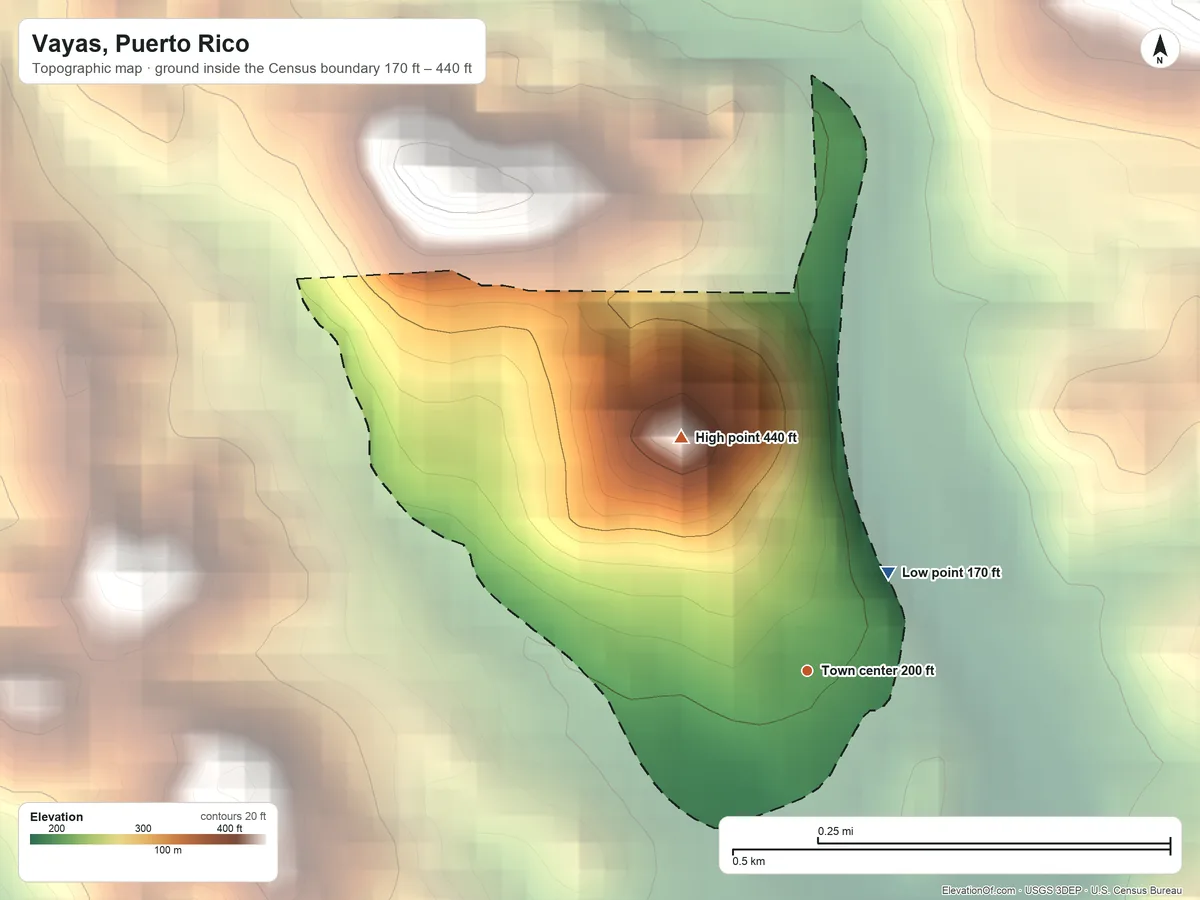 Topographic elevation map of Vayas, Puerto Rico, shaded from 170 ft on the northeast side to 440 ft at the foot of the Cordillera Central