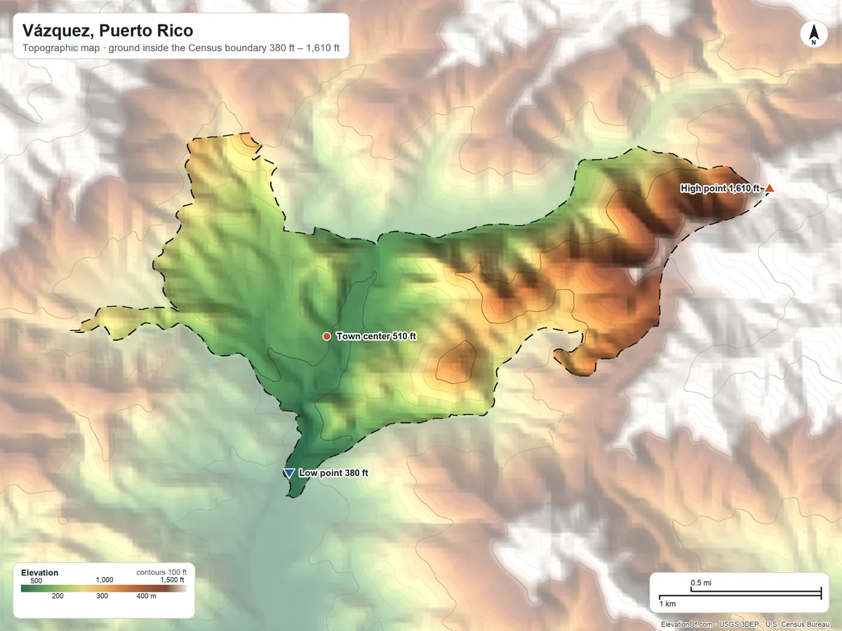 Topographic elevation map of Vázquez, Puerto Rico, shaded from 380 ft on the south side to 1,610 ft at the foot of the Sierra de Jájome