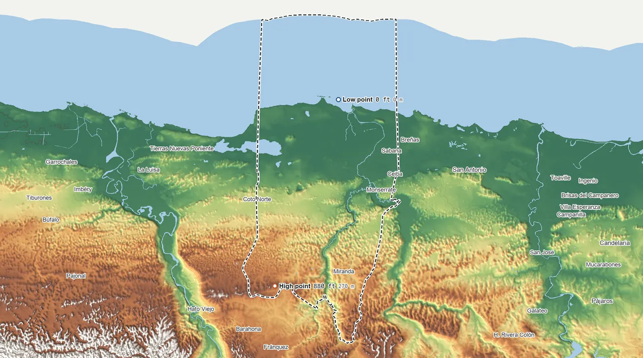 Topographic elevation map of Vega Baja Municipio, Puerto Rico, shaded from sea level on the Océano Atlántico to 880 ft on the southwest side