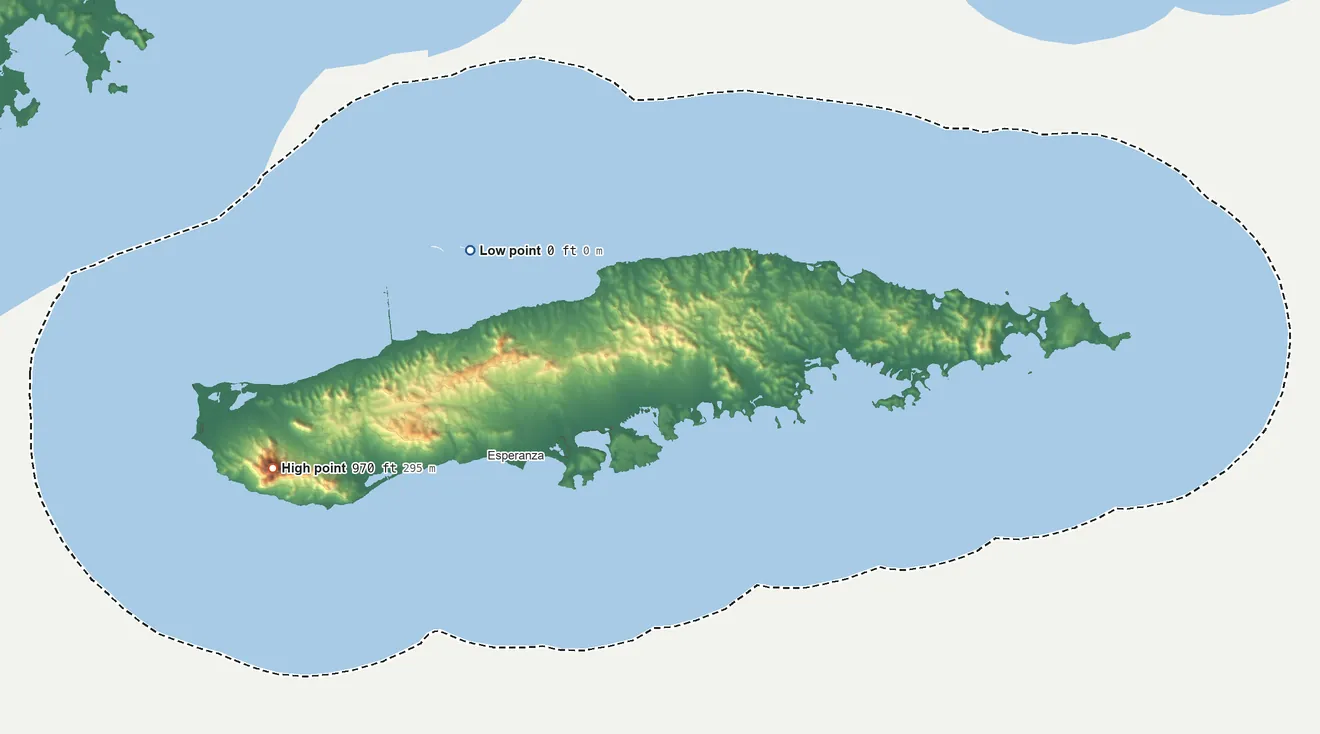 Topographic elevation map of Vieques Municipio, Puerto Rico, shaded from sea level on the Radas Roosevelt to 970 ft on Monte Pirata