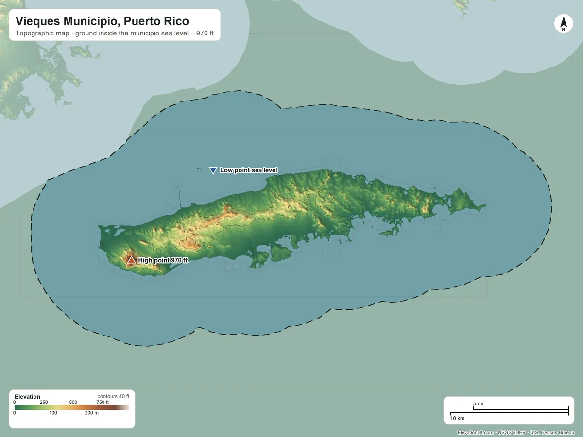 Topographic elevation map of Vieques Municipio, Puerto Rico, shaded from sea level on the Radas Roosevelt to 970 ft on Monte Pirata