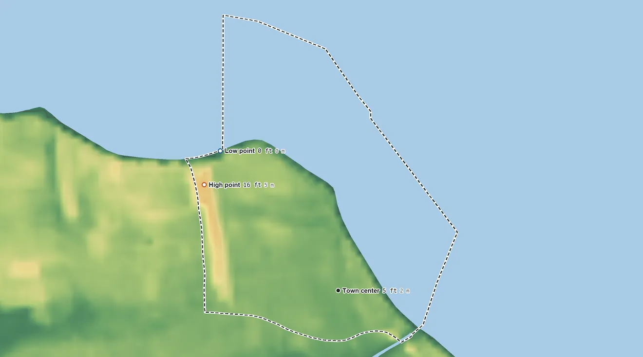 Topographic elevation map of Vieques, Puerto Rico, shaded from sea level level on the Océano Atlántico to 16 ft on the northwest side