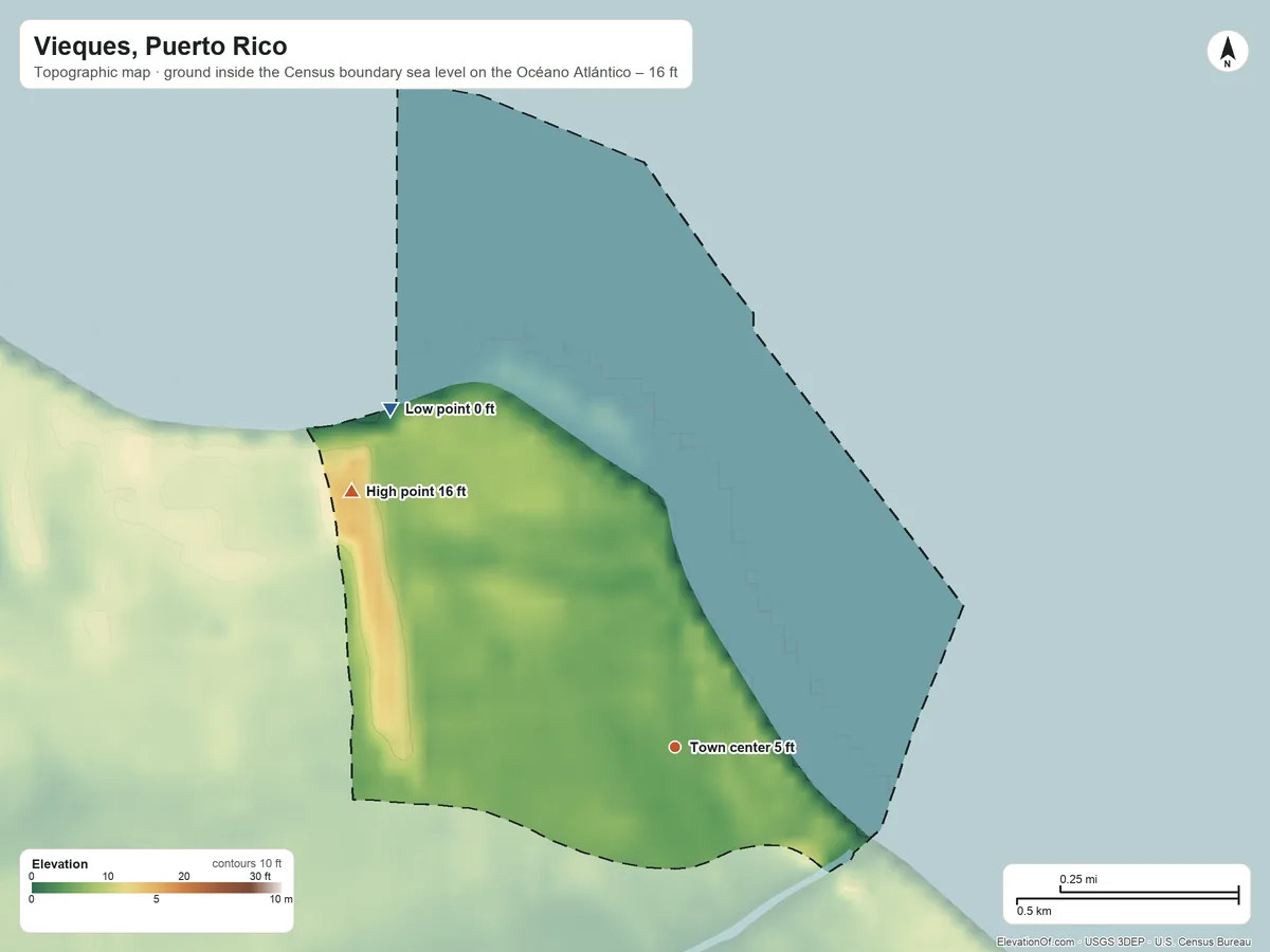 Topographic elevation map of Vieques, Puerto Rico, shaded from sea level level on the Océano Atlántico to 16 ft on the northwest side