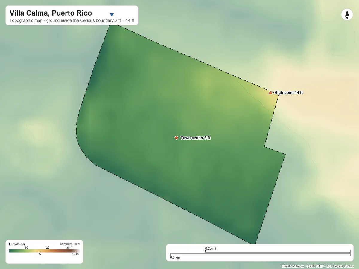 Topographic elevation map of Villa Calma, Puerto Rico, shaded from 2 ft on the northwest side to 14 ft on the northeast side