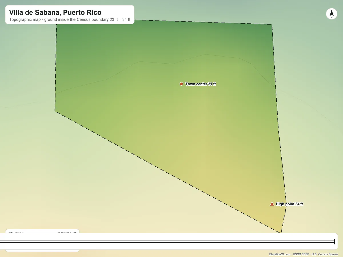 Topographic elevation map of Villa de Sabana, Puerto Rico, shaded from 23 ft on the northwest side to 34 ft on the southeast side