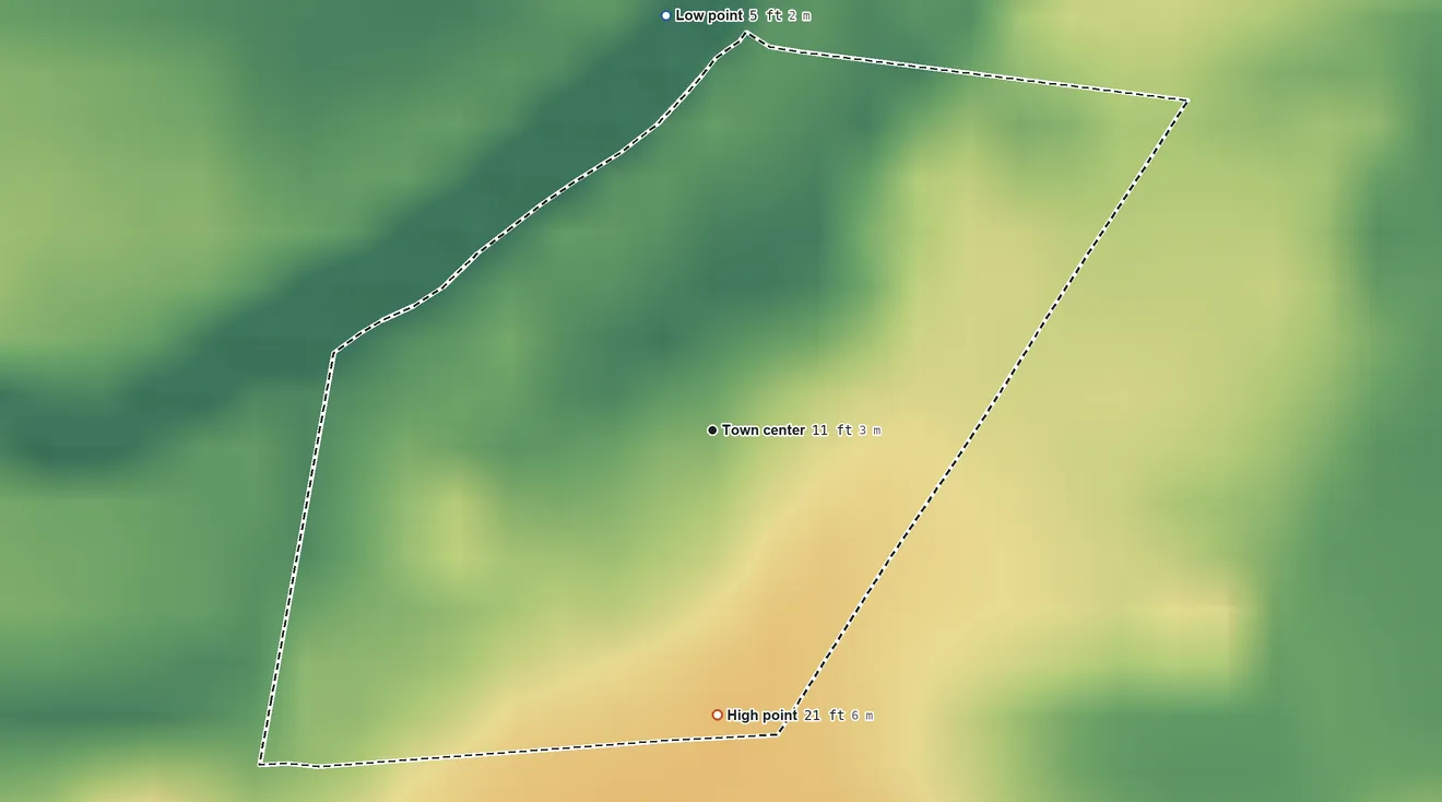Topographic elevation map of Villa Esperanza, Puerto Rico, shaded from 5 ft on the north side to 21 ft at the foot of the Montañas de Corozal
