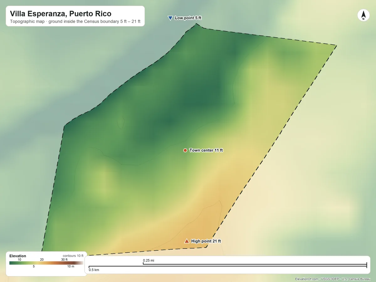 Topographic elevation map of Villa Esperanza, Puerto Rico, shaded from 5 ft on the north side to 21 ft at the foot of the Montañas de Corozal