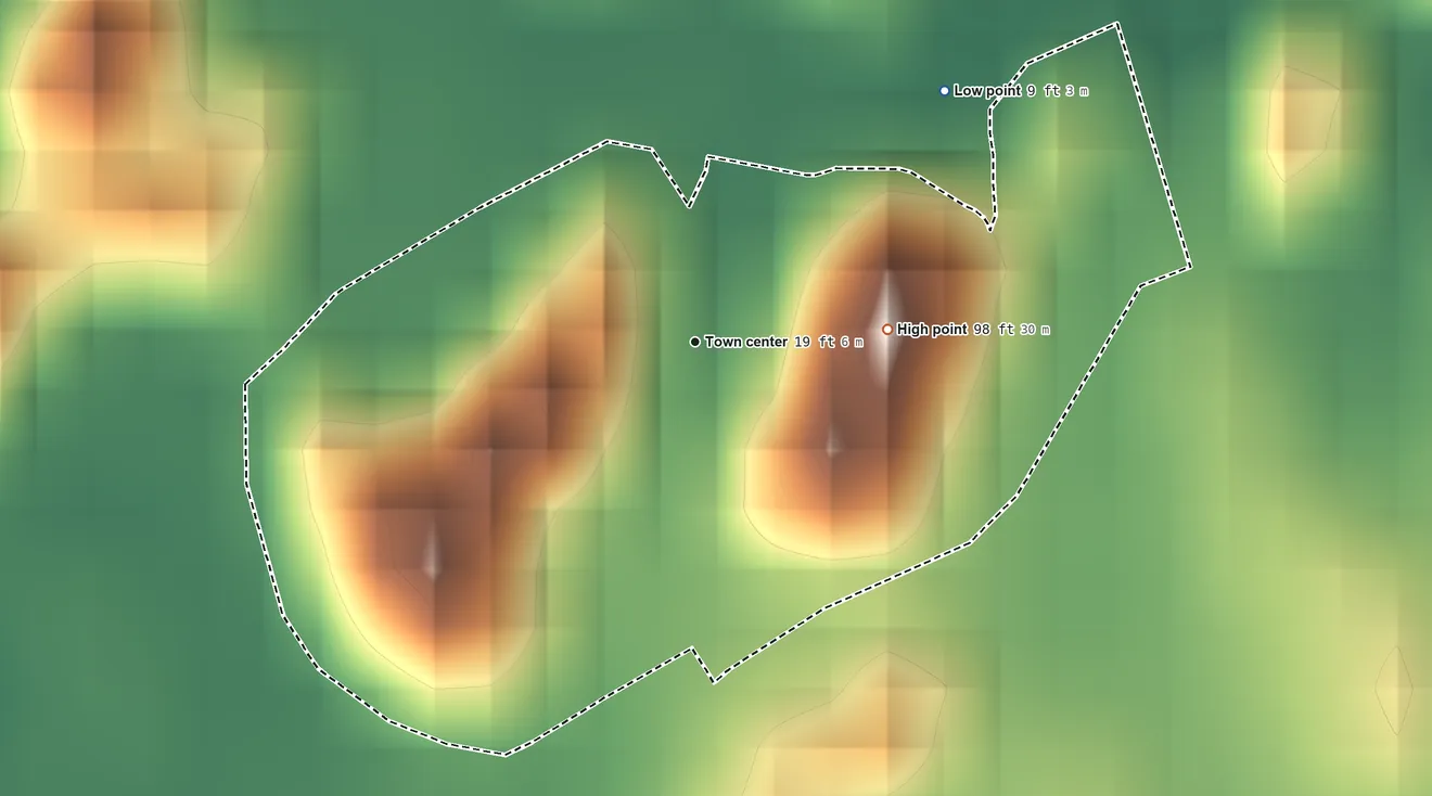 Topographic elevation map of Villa Hugo I, Puerto Rico, shaded from 9 ft on the northeast side to 98 ft on the east side