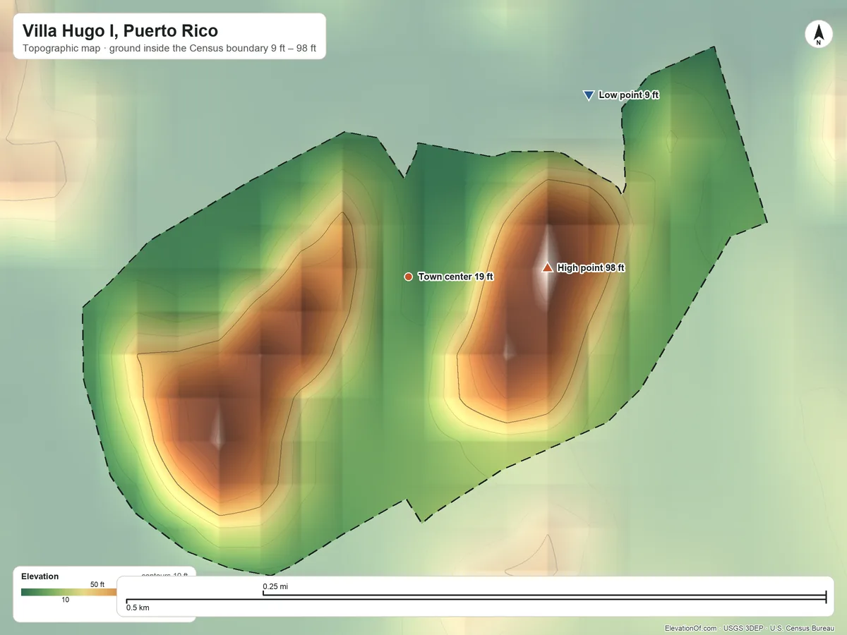 Topographic elevation map of Villa Hugo I, Puerto Rico, shaded from 9 ft on the northeast side to 98 ft on the east side