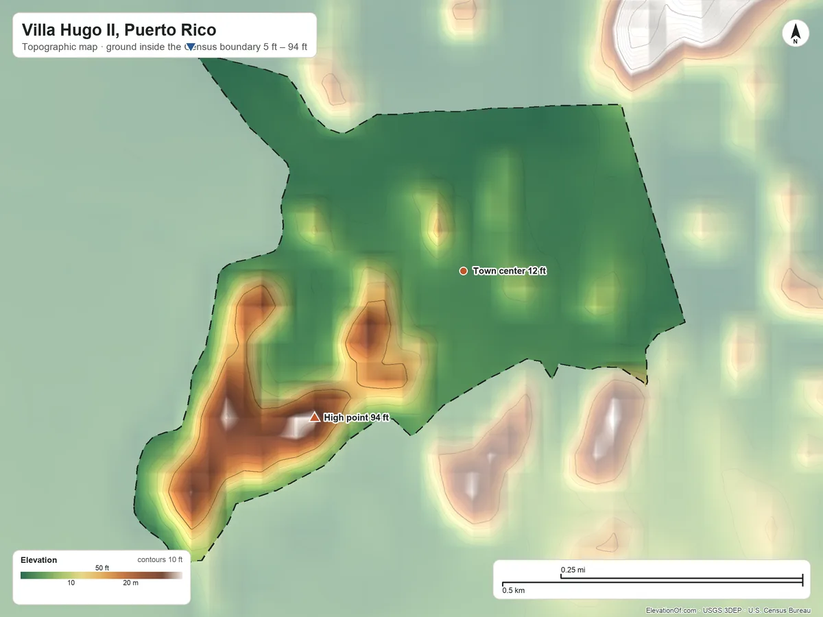 Topographic elevation map of Villa Hugo II, Puerto Rico, shaded from 5 ft on the northwest side to 94 ft on the southwest side