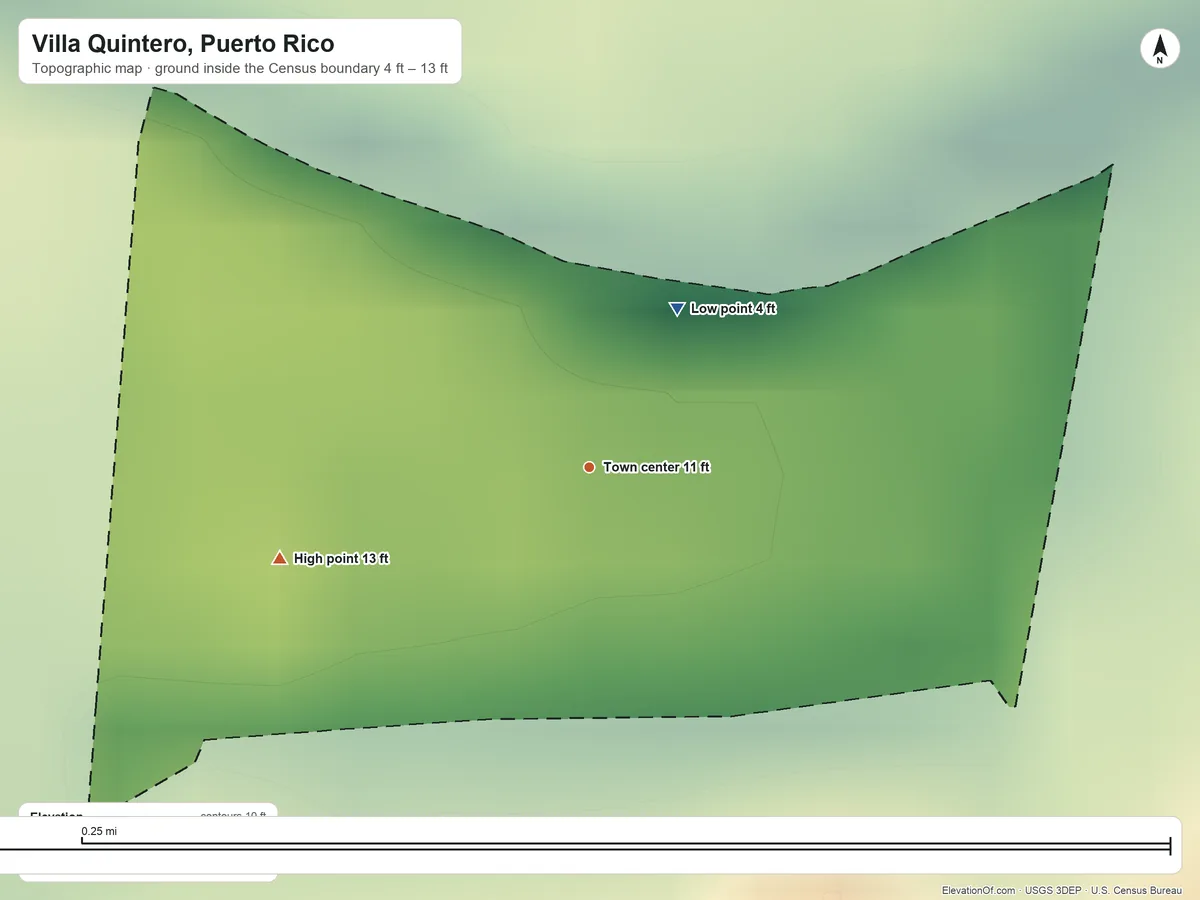 Topographic elevation map of Villa Quintero, Puerto Rico, shaded from 4 ft on the northeast side to 13 ft at the foot of the Montañas de Corozal