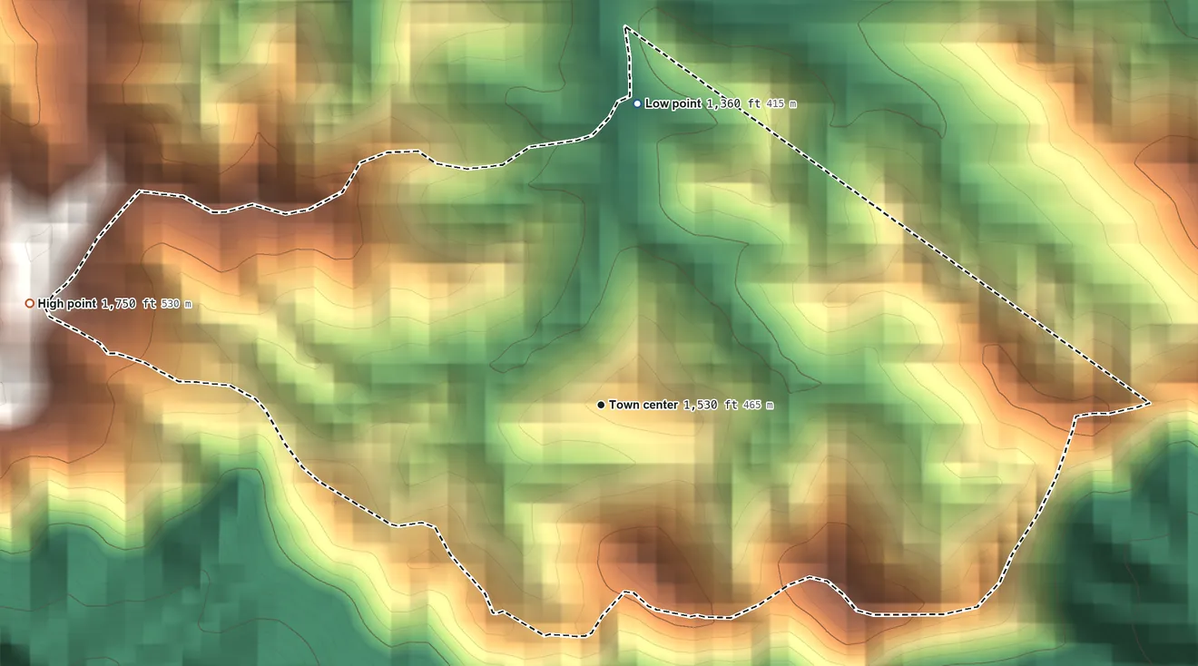 Topographic elevation map of Villa Sin Miedo, Puerto Rico, shaded from 1,360 ft on the north side to 1,750 ft on the west side