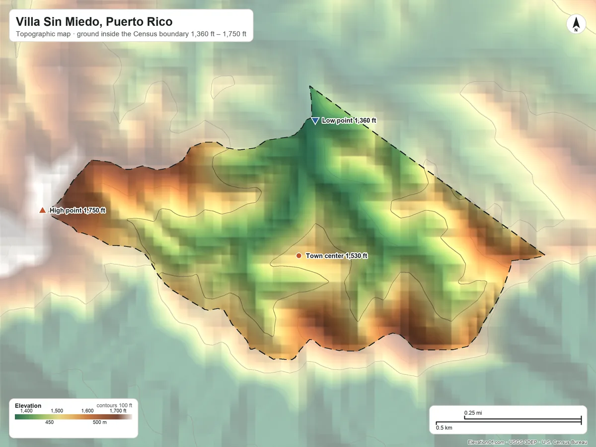 Topographic elevation map of Villa Sin Miedo, Puerto Rico, shaded from 1,360 ft on the north side to 1,750 ft on the west side