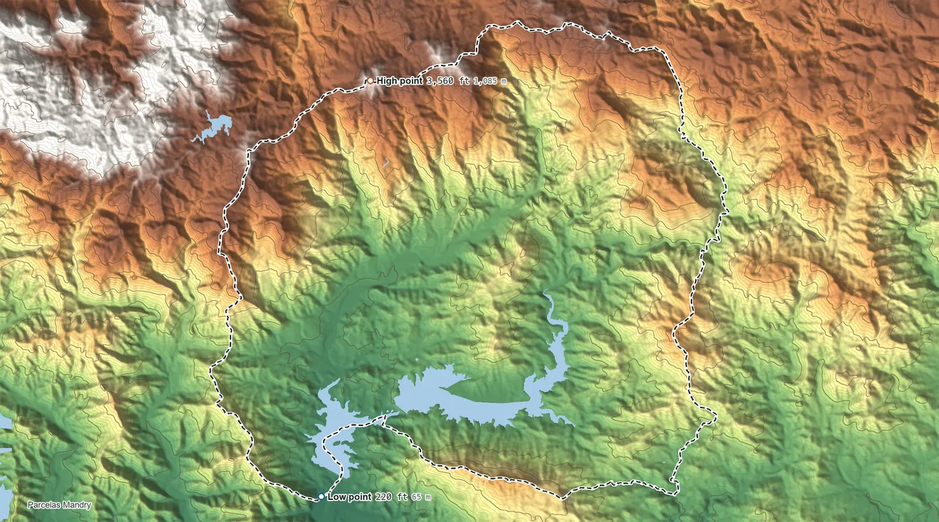 Topographic elevation map of Villalba Municipio, Puerto Rico, shaded from 220 ft on the southwest side to 3,560 ft on Cerro El Bolo