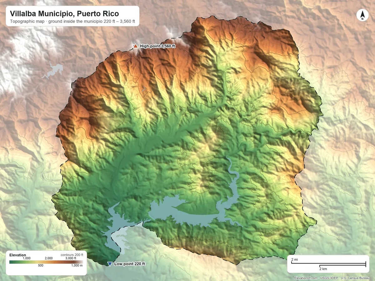 Topographic elevation map of Villalba Municipio, Puerto Rico, shaded from 220 ft on the southwest side to 3,560 ft on Cerro El Bolo