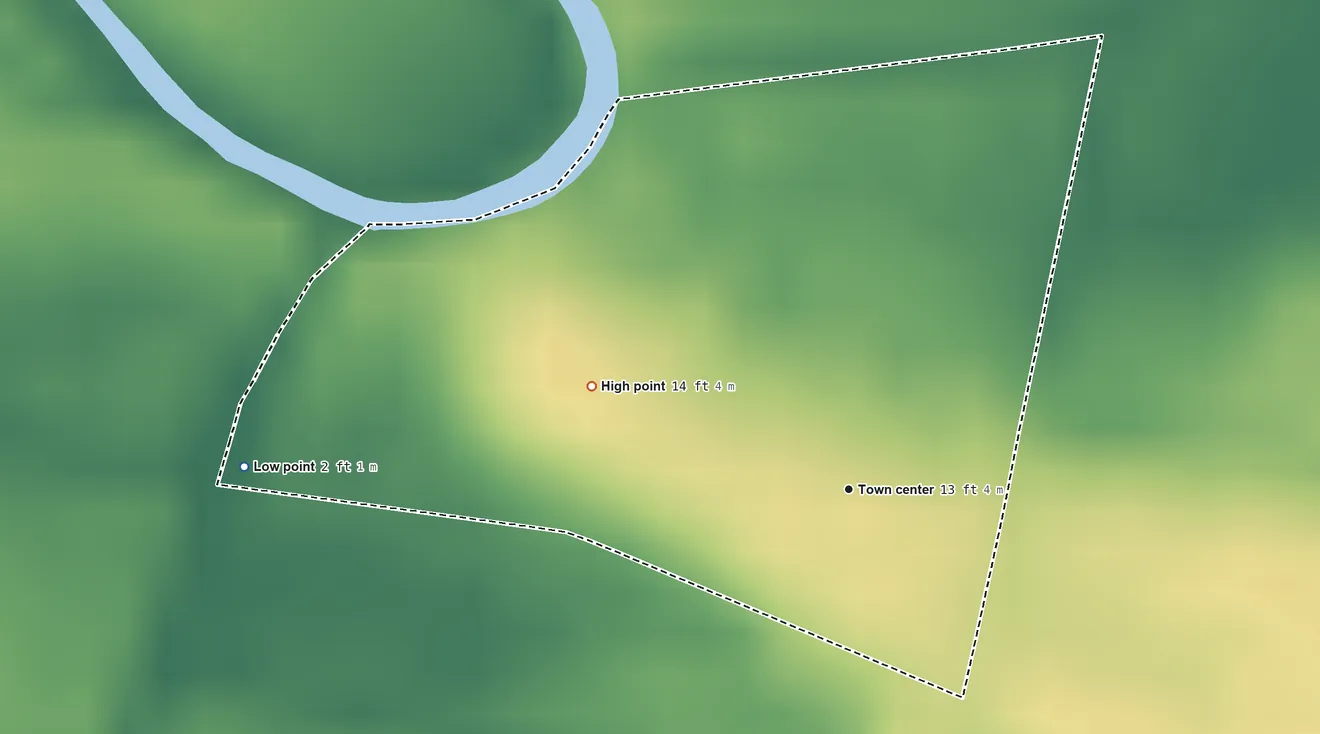 Topographic elevation map of Villas del Sol, Puerto Rico, shaded from 2 ft on the west side to 14 ft on the west side