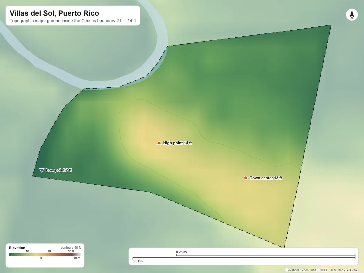 Topographic elevation map of Villas del Sol, Puerto Rico, shaded from 2 ft on the west side to 14 ft on the west side
