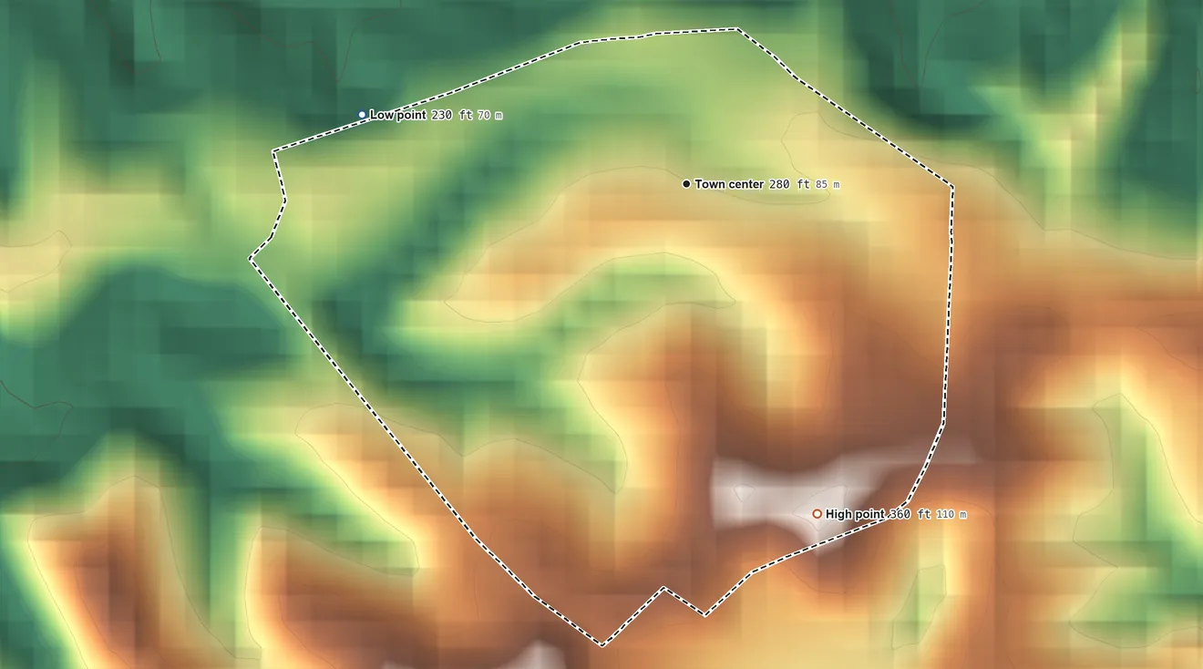 Topographic elevation map of Voladoras, Puerto Rico, shaded from 230 ft on the west side to 360 ft on the south side