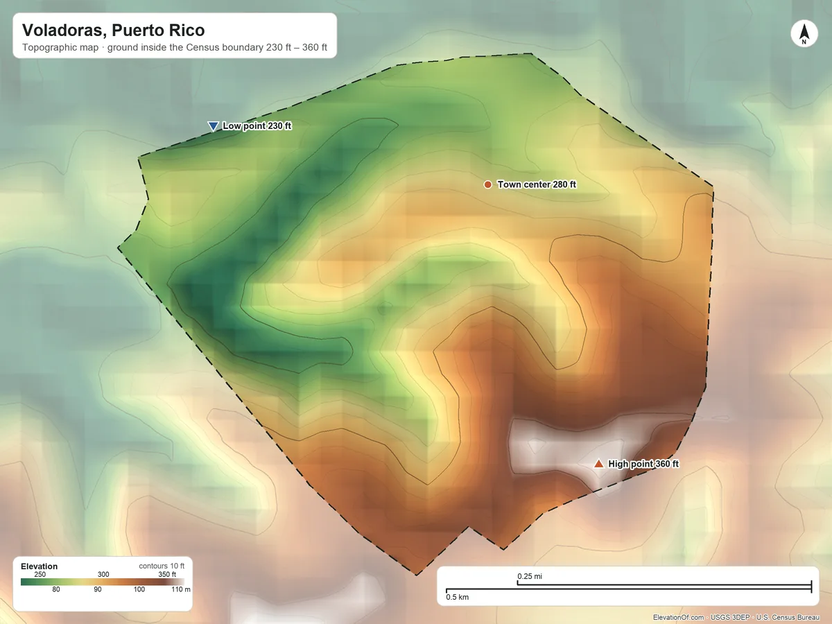 Topographic elevation map of Voladoras, Puerto Rico, shaded from 230 ft on the west side to 360 ft on the south side