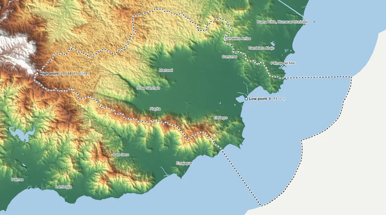 Topographic elevation map of Yabucoa Municipio, Puerto Rico, shaded from sea level on the Puerto de Yabucoa to 2,140 ft on the west side